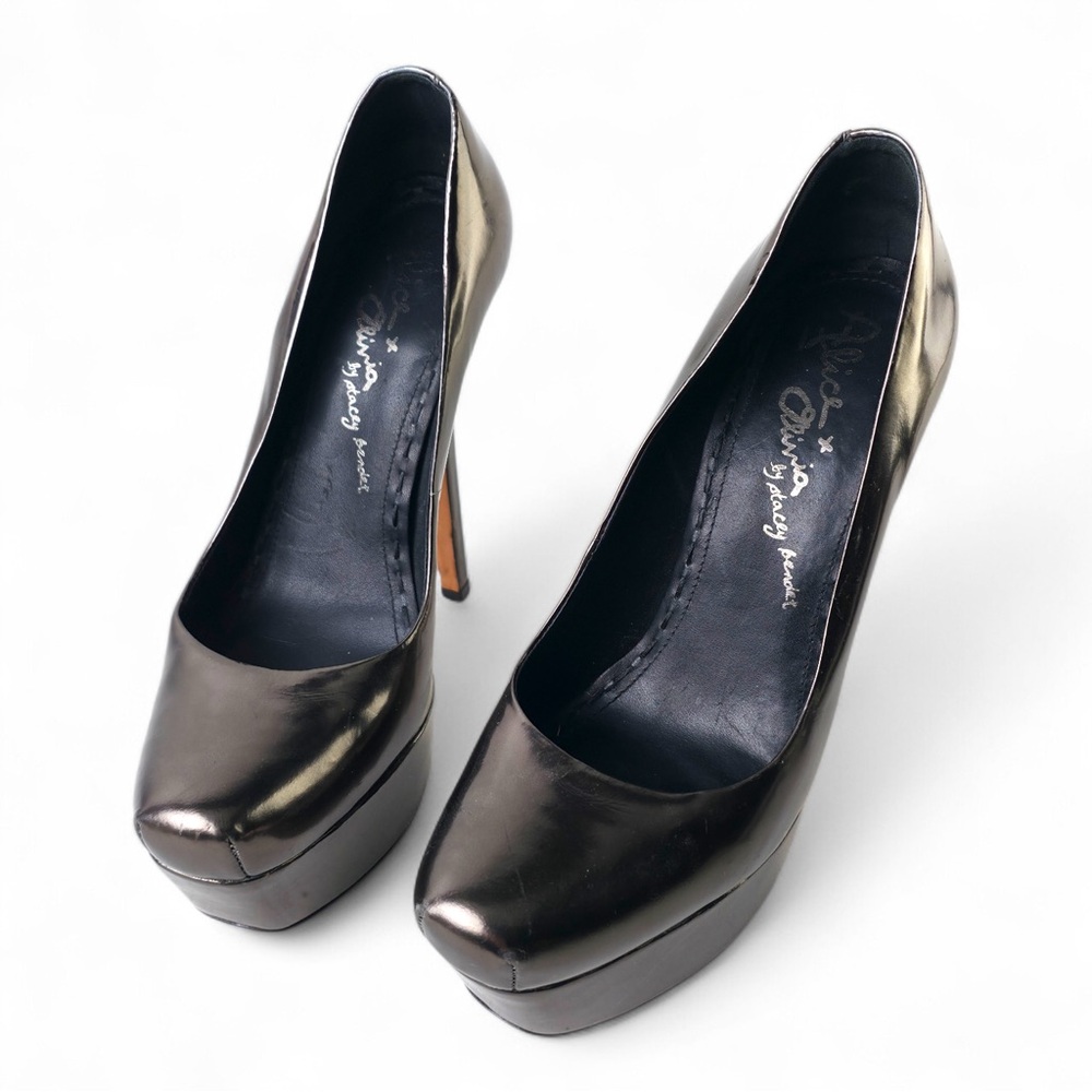Alice + Olivia by Stacey Bendet Metallic Pewter Leather Platform Stiletto Pumps - Picture 2 of 6